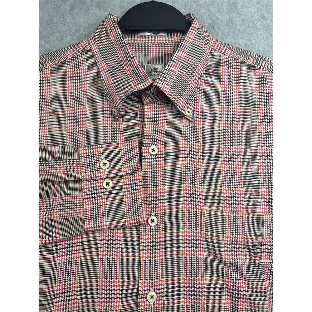 Peter Millar Shirt Men's M Oxford L/S Button Up Houndstooth‎ Plaid Pink Orange